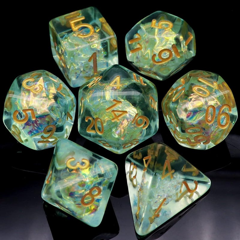 Haxtec Light Green DND Dice Set 7PCS Filled Resin Polyhedral D&D Dice W/Iridescent Mylar Inclusion for Roleplaying Games Compatible with Dungeons and Dragons Gift - Image 1